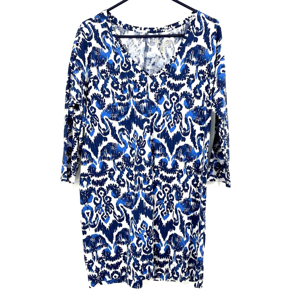 Lilly Pulitzer Sz Medium Long Sleeve Dress Blue White Flamingo 100% Pima Cotton